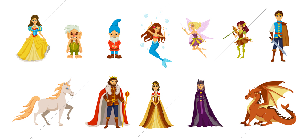 Fairy tale characters cartoon icon set with dwarves trolls princesses fairies princes and other fairy characters vector illustration