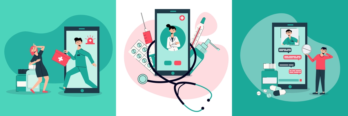 Online medicine concept 3 funny cartoon background compositions chatting with doctor smartphone screen getting prescription pills vector illustration