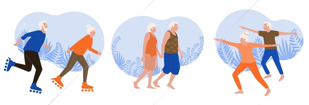 Color composition of old people walking in the park flat vector illustration