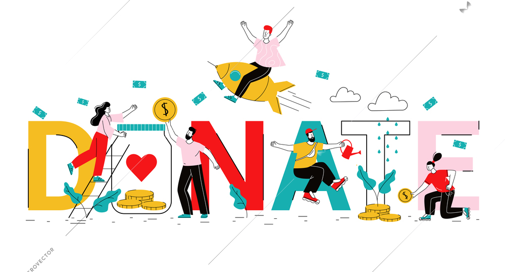 Crowdfunding trendy flat composition with donate big letter text and  active people little characters vector illustration