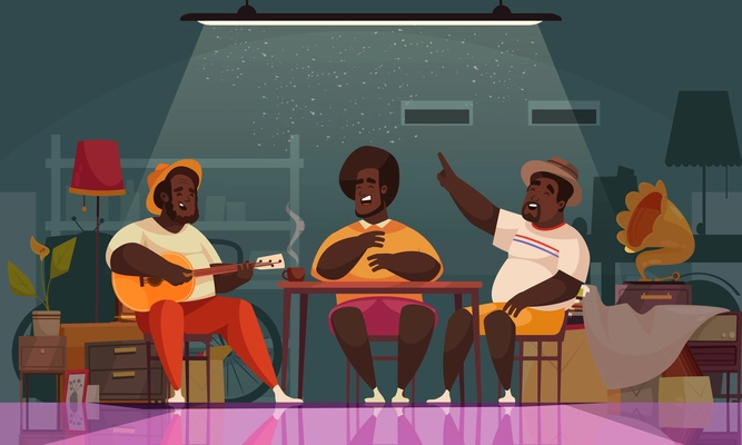 People playing guitar composition with indoor scenery and group of singing african american friends with guitar vector illustration