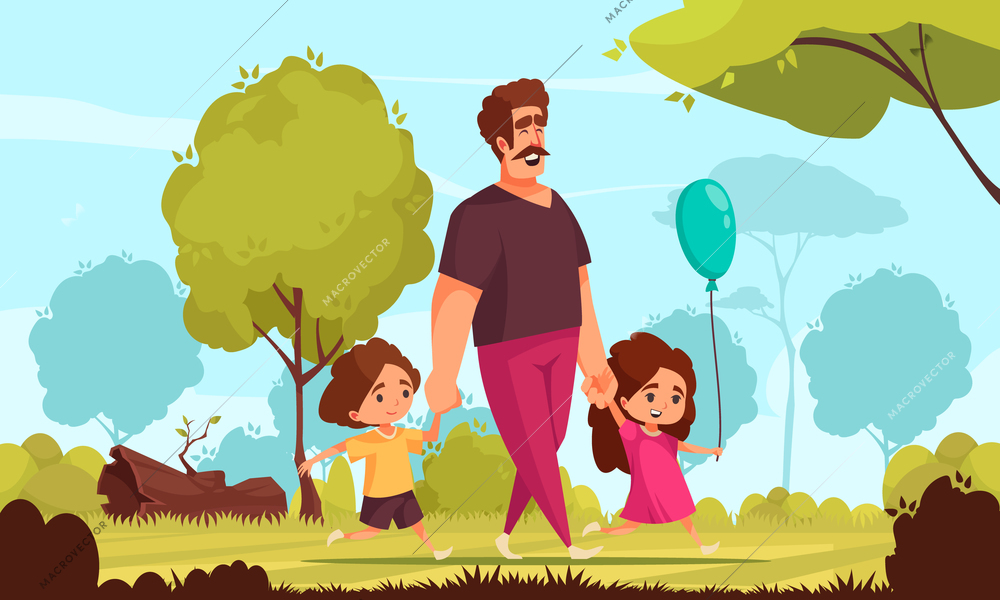 Dad son daughter composition with outdoor park scenery and cartoon characters of father walking with children vector illustration