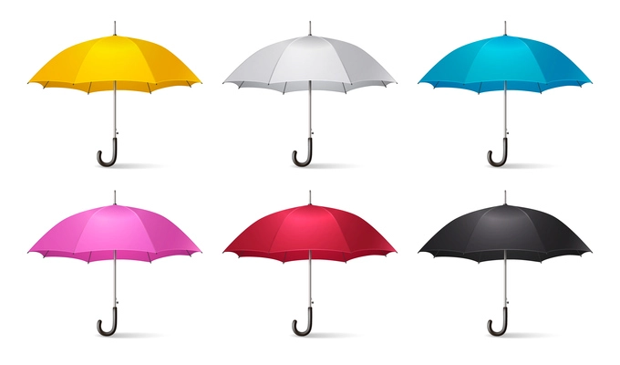 Realistic umbrella icon set with umbrellas canes yellow white blue pink red and black colors vector illustration