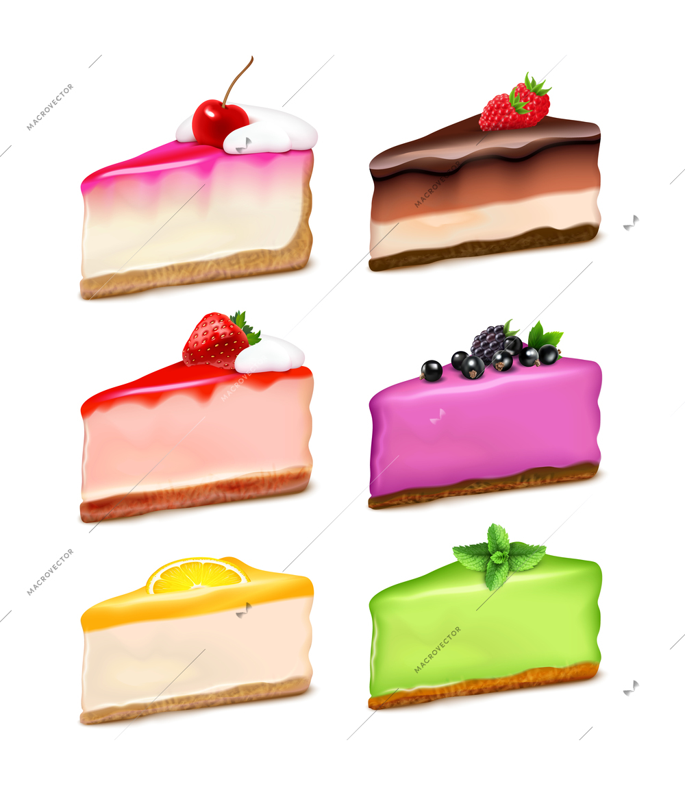 Cheesecake 6 popular flavors pieces realistic set with lemon strawberry mint chocolate natural extracts isolated vector illustration