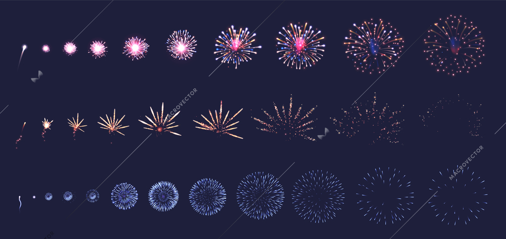 Firework animation realistic set with fun and holiday symbols isolated vector illustration