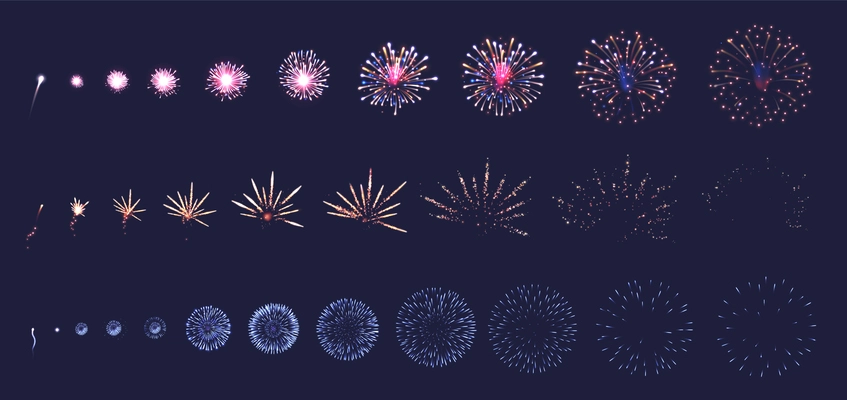 Firework animation realistic set with fun and holiday symbols isolated vector illustration