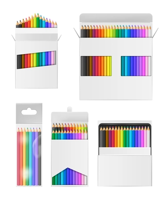 Colored bright pencils realistic set with packaging isolated vector illustration