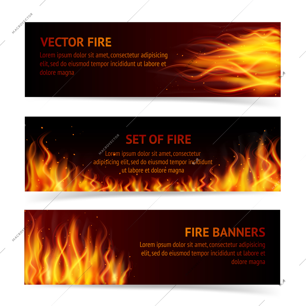 Burning fire campfire hot flame strokes realistic horizontal banner set isolated vector illustration