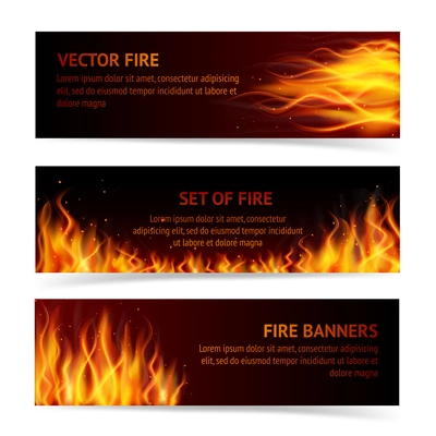 Burning fire campfire hot flame strokes realistic horizontal banner set isolated vector illustration