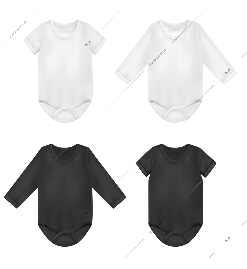 Baby black and white bodysuit realistic set isolated vector illustration