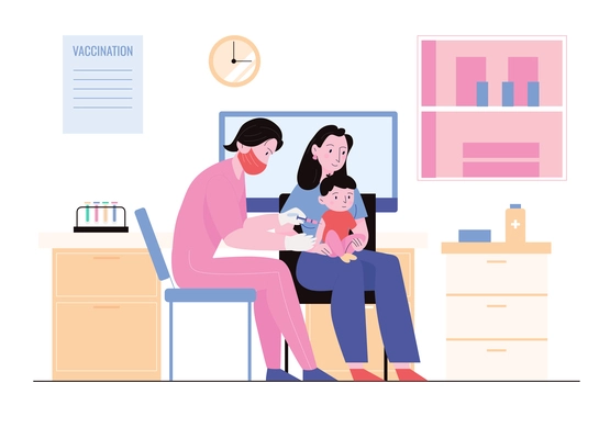 Doctor giving injection to baby during vaccination campaign flat vector illustration