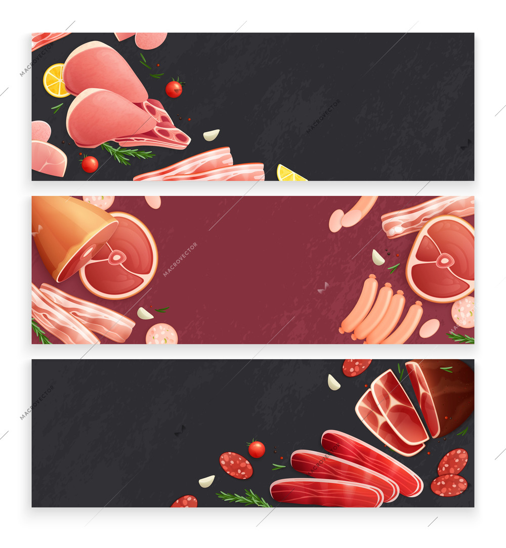 Butcher shop meat products 3 flat appetizing background banners with ham bacon sausages beef shanks vector illustration