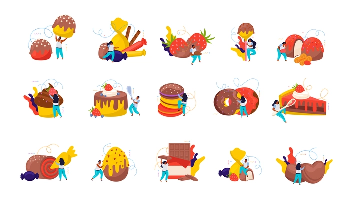 Delicious chocolate sweets cakes donuts eggs muffin bar pie strawberries and characters of people flat icons set isolated vector illustration