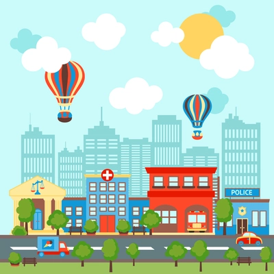 City street scape background with retro and modern buildings vector illustration.