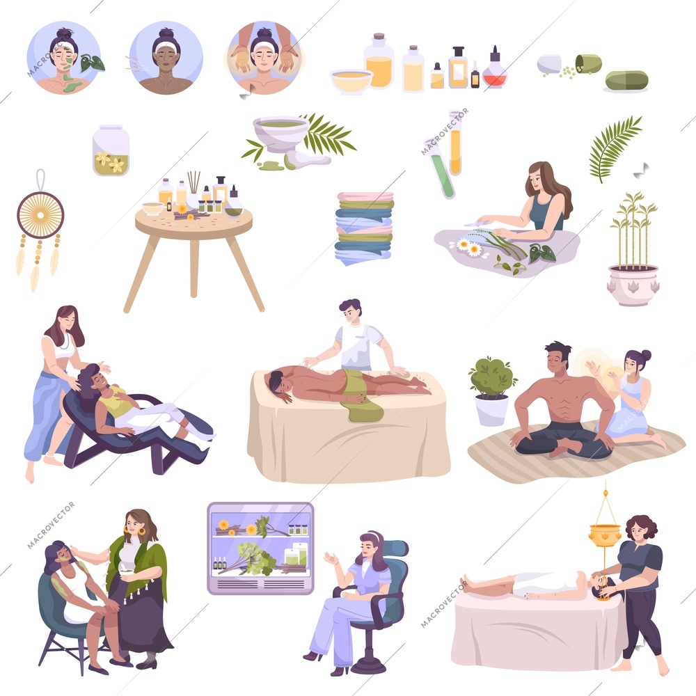 Alternative medicine with ayurvedic  aroma therapy massage treatment meditation herbal medicine yoga acupuncture flat set vector illustrations