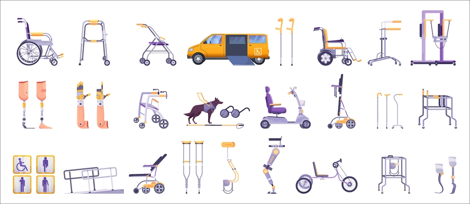 Wheelchair mobility devices and medical aids for disabled people set flat vector illustration