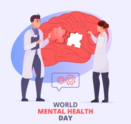 Mental health day card with two young doctors characters treating human brain flat vector illustration