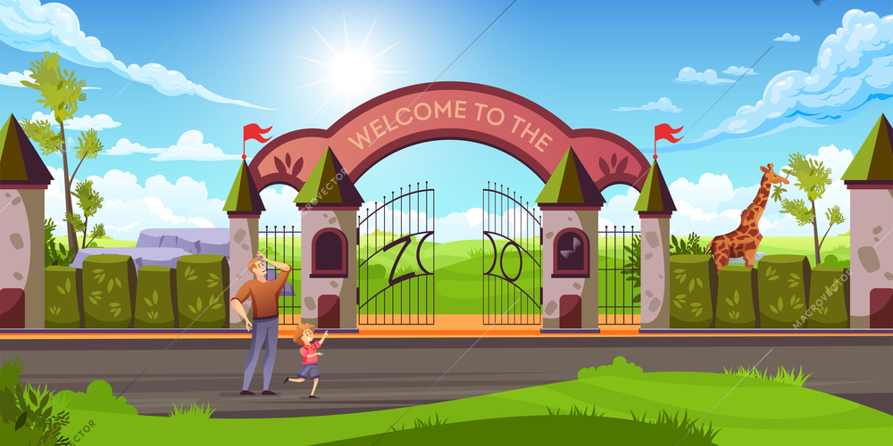 Father with kid in front of zoo entry metal gates stone arch giraffe colorful landscape vector illustration