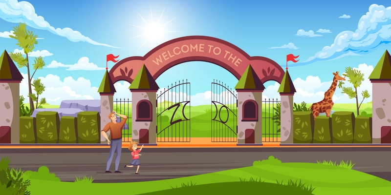 Father with kid in front of zoo entry metal gates stone arch giraffe colorful landscape vector illustration