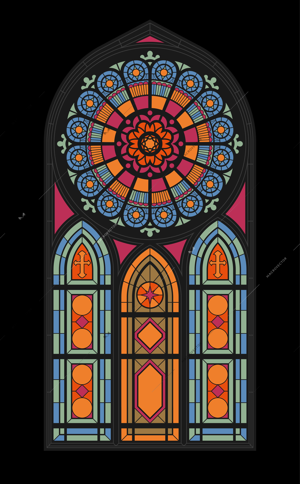 Central vertical stained glass mosaic window of the gothic church flat vector illustration