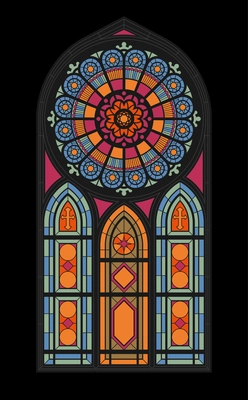 Central vertical stained glass mosaic window of the gothic church flat vector illustration