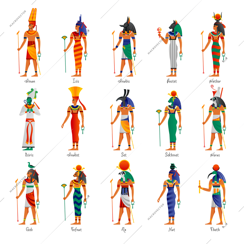 Egyptian ancient gods deities figures pictures images set with osiris seth isis horus ra hathor vector illustration