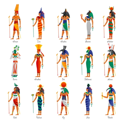 Egyptian ancient gods deities figures pictures images set with osiris seth isis horus ra hathor vector illustration