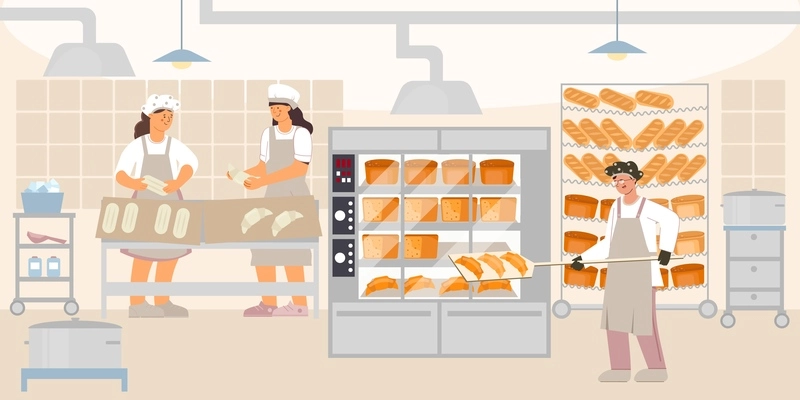 A bakery worker takes fresh baked goods from the oven while two chefs prepare new ones flat vector illustration
