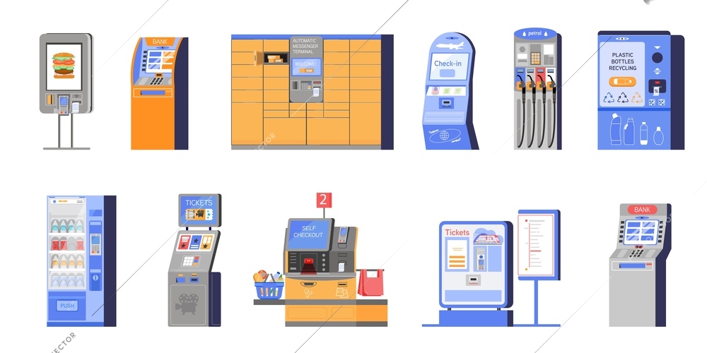 Set of different self service terminals flat isolated vector illustration