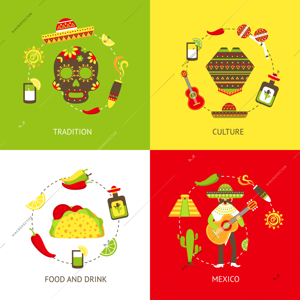 Mexico flat icons set with tradition culture food and drink isolated vector illustration