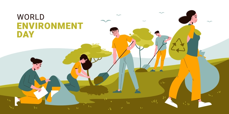 World environment day flat background with group of young people collecting garbage and planting trees vector illustration