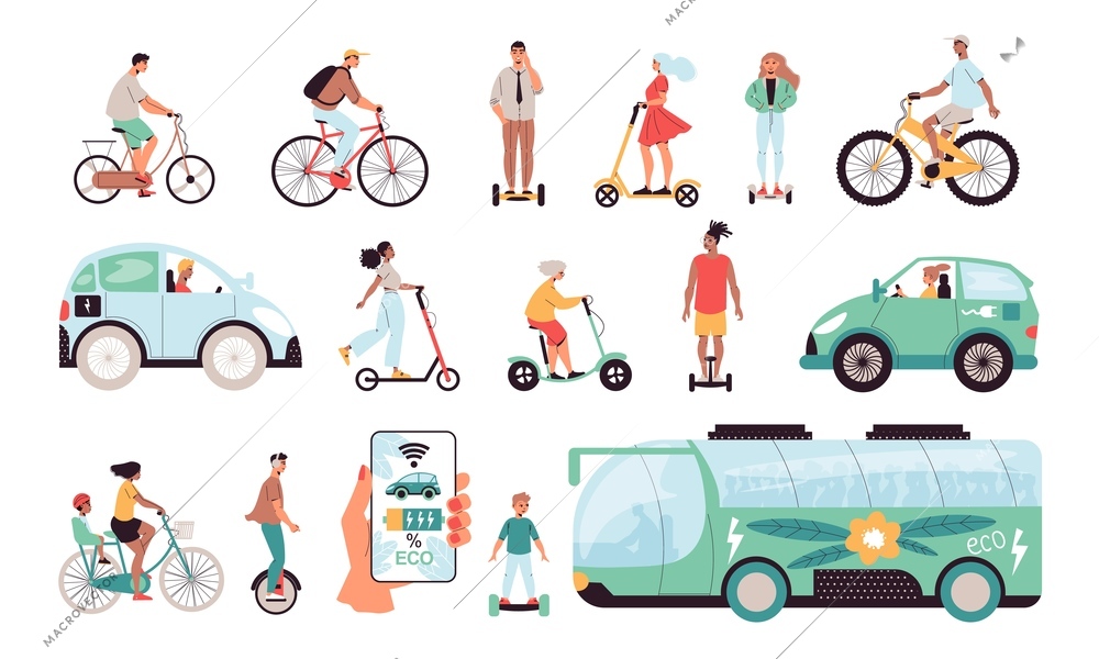 Eco transport flat set with scooter bike moped skate segway electric car and bus isolated vector illustration
