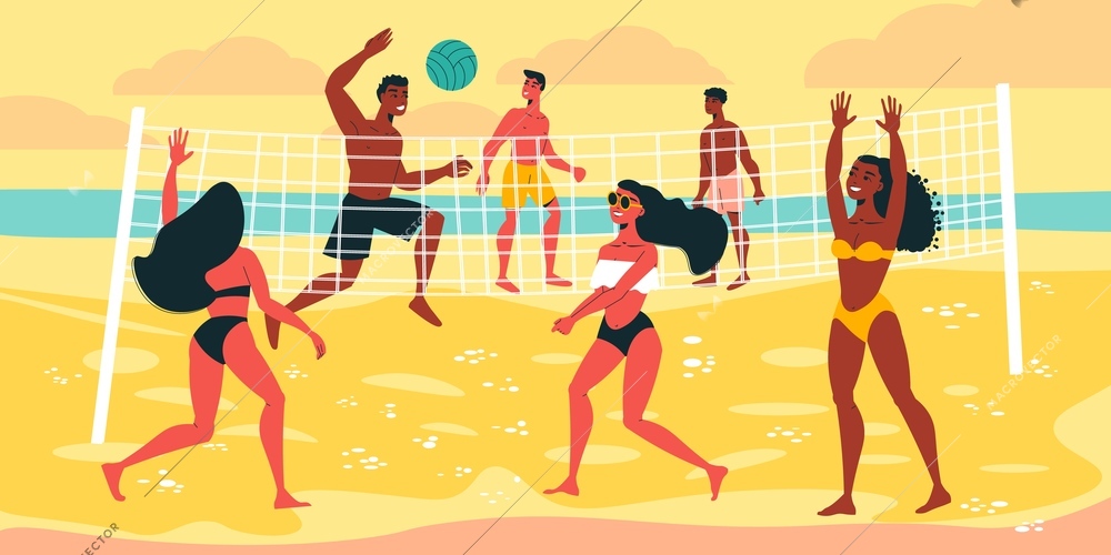 Beach volleyball flat colored background with two teams of young male and female characters in swimsuits playing on sandy coast vector illustration
