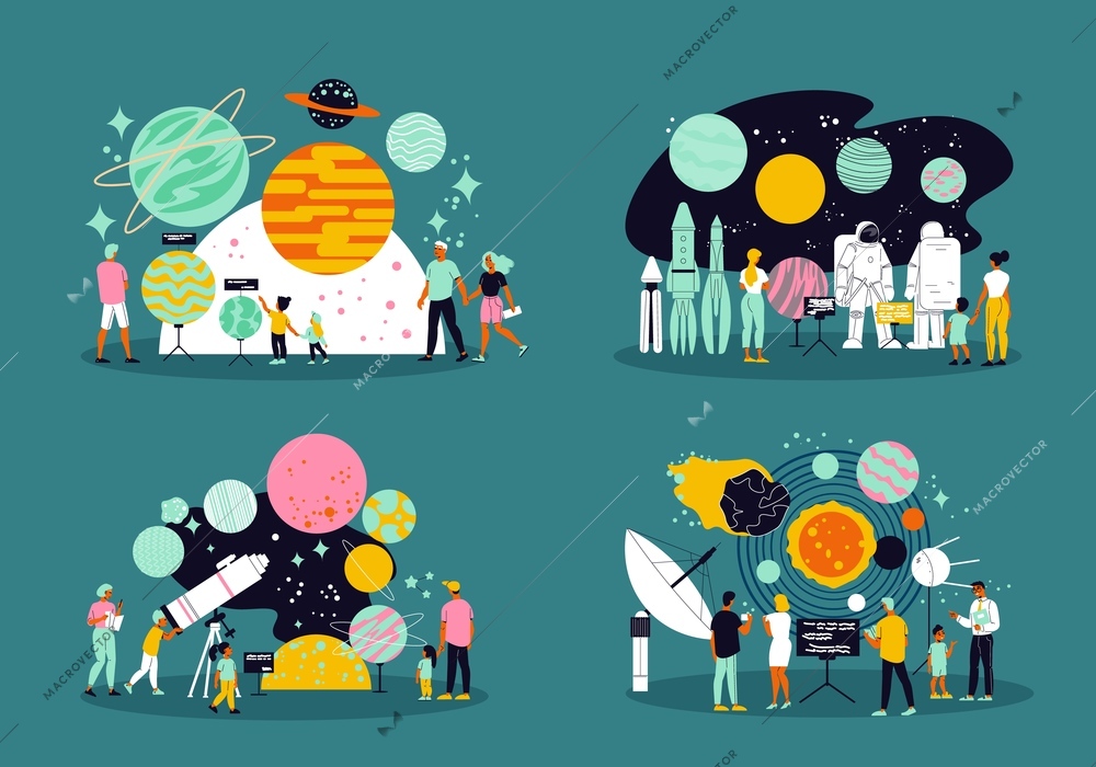 Planetarium 2x2 design concept set of people learning about space and solar system flat vector illustration