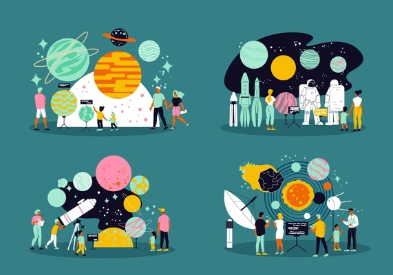 Planetarium 2x2 design concept set of people learning about space and solar system flat vector illustration