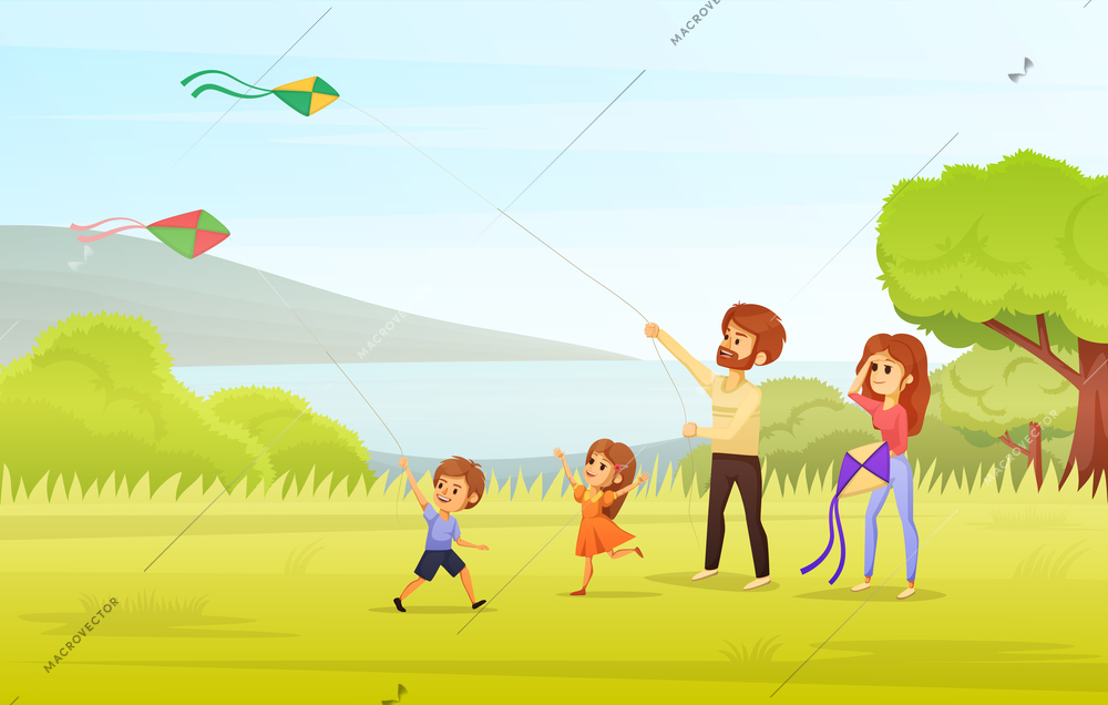 Family holidays cartoon concept mom and dad with two kids flying kites in the park vector illustration