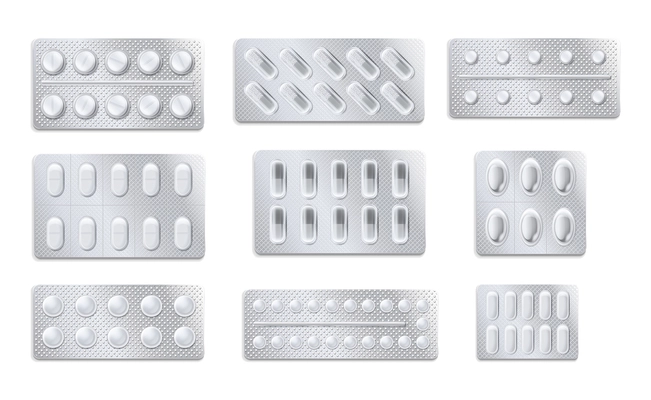 Pills tablets capsules blister isolated realistic icon set blisters with tablets of different sizes and purposes in black and white vector illustration