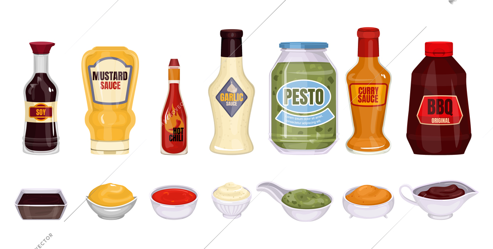 Sauce packaging set with isolated images of sauce bottles with text and dishes with delicious sauces vector illustration