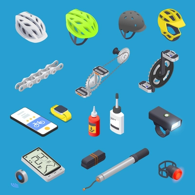 Bicycle isometric set with isolated icons of professional cycling equipment protective helmets spare parts and lubricants vector illustration