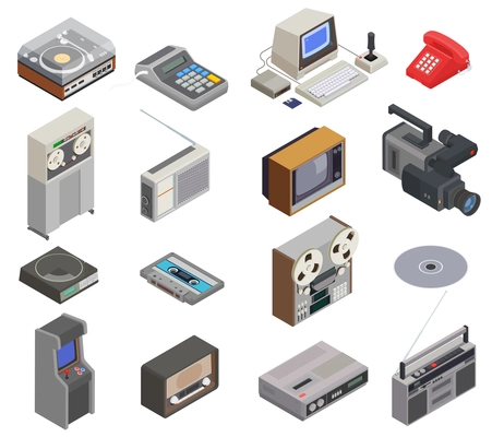 Retro devices isometric set of isolated icons with old tape players telephones tv and cassette images vector illustration