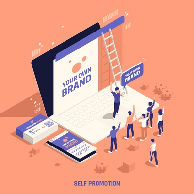 Self promotion own brand building creating personal website reaching target market customers isometric background composition vector illustration