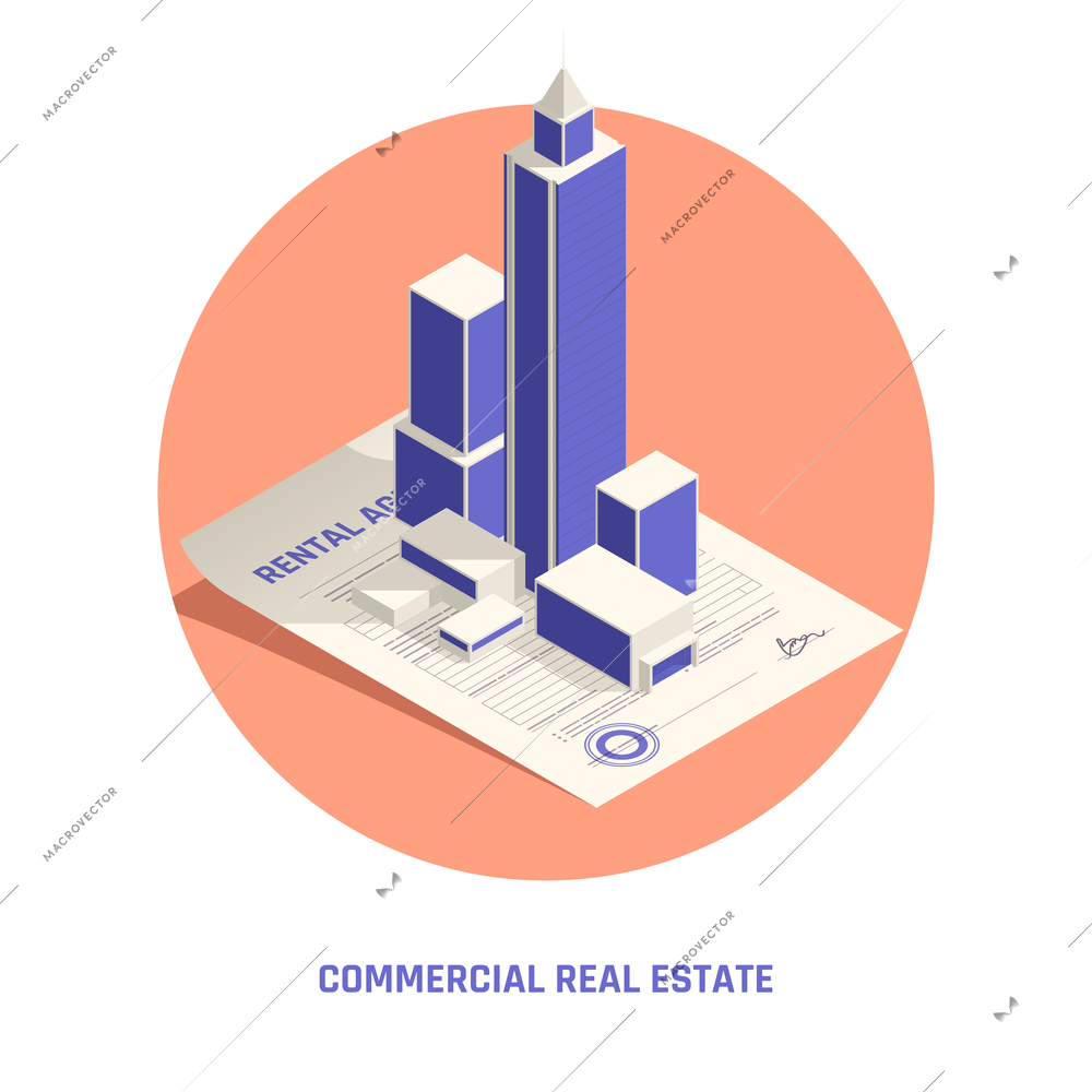 Commercial real estate buildings standing on rent and lease agreement document template circular isometric composition vector illustration