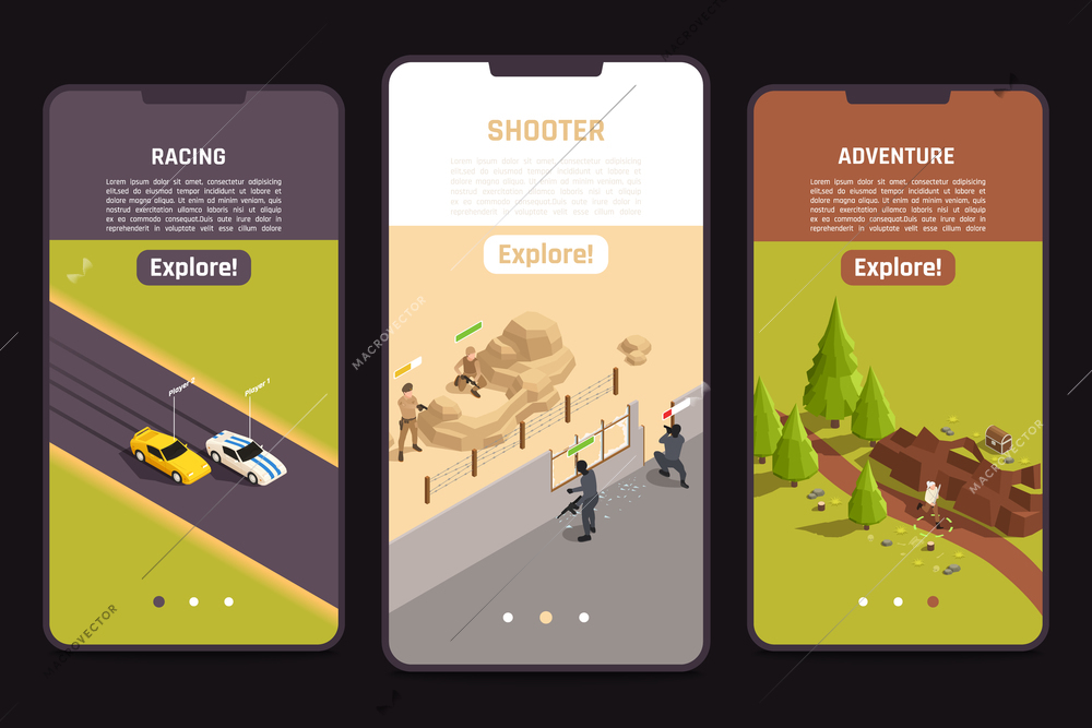 Mobile gaming fullscreen app 3 isometric smartphone screens set with car racing outdoor adventure shooter vector illustration