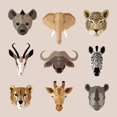 African southern animal portrait flat icons set with hyena elephant jaguar isolated vector illustration