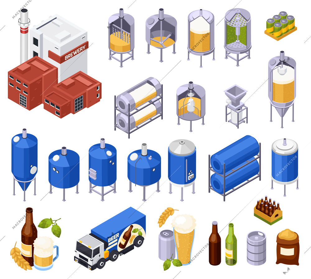 Set of isolated brewery beer production isometric icons and isolated images of facilities with ready products vector illustration