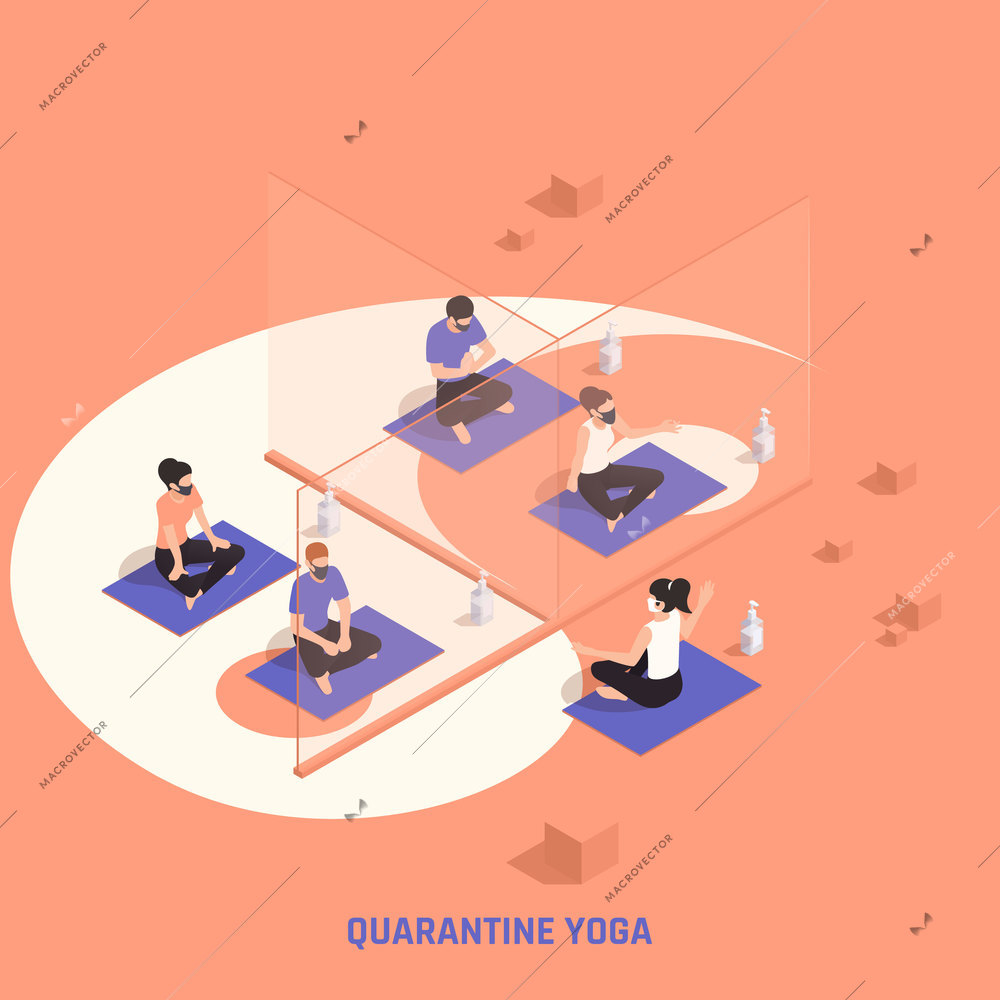 Global pandemic fitness center regulations isometric composition yoga class with separating participants barriers and sanitizers vector illustration