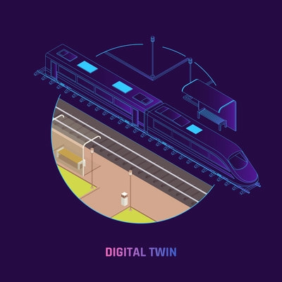 Rail network digital twin technology railway operations speed train virtual replica design isometric background composition vector illustration