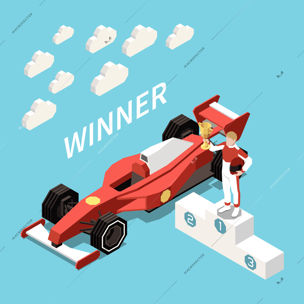 Car race isometric composition with text and cloud images with racing car and driver on podium vector illustration