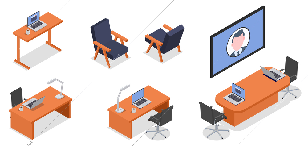 Isometric icons set of furniture and computers for remote work places isolated on white background 3d vector illustration