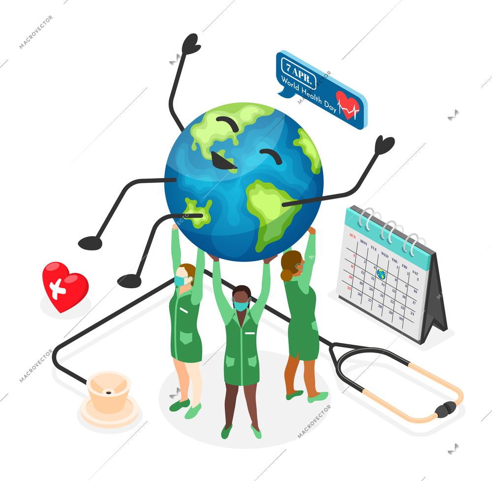 World health day isometric concept with doctors holding happy globe in arms stethoscope calendar and heart on white background vector illustration